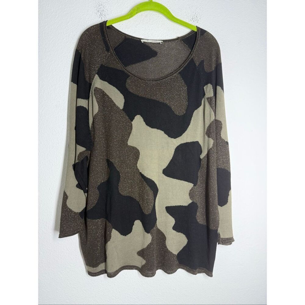 Monari Women’s Boho Camo  Lurex Trim Green Black Sweater Sz XL See Description